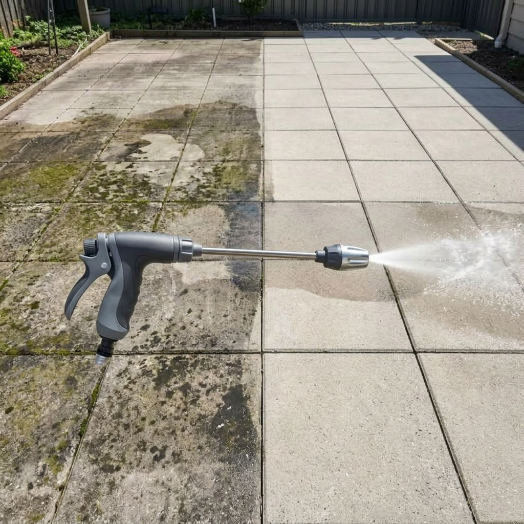 Before and after: concrete driveway cleaned with the Jetterix nozzle in a single weekend